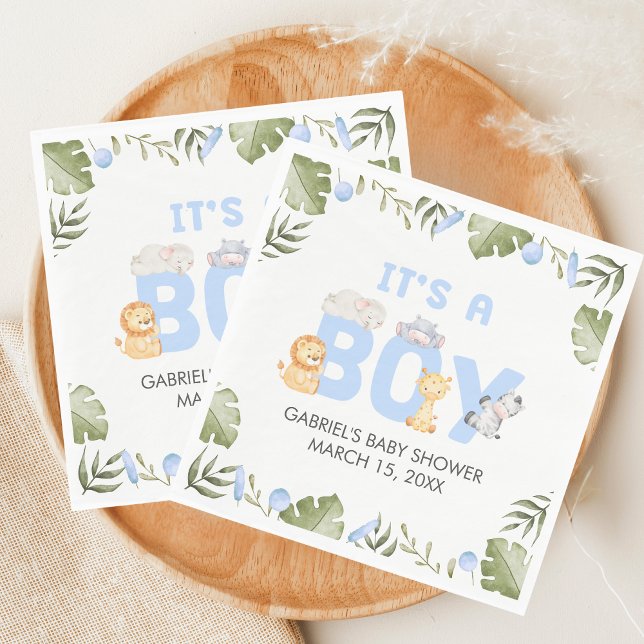 Pojke Safari Djur Baby Shower  Pappersservett (Safari Jungle Animals Baby Shower Napkin)