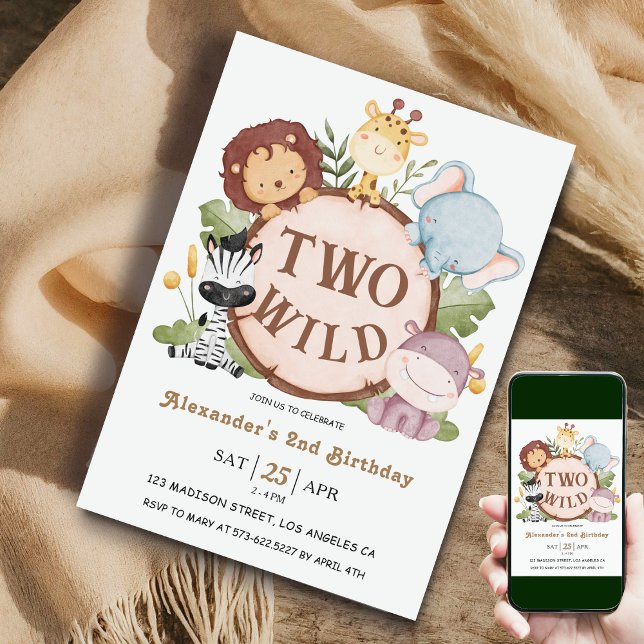 Pojke Safari Djur TVÅ VILDA!  2-års födelsedag  Inbjudningar (Skapare uppladdad)