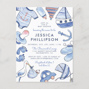 Pojke Sailor Cute Blue Nautical Baby Shower Inbjudan Vykort