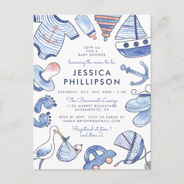 Pojke Sailor | Cute Blue Nautical Baby Shower Inbjudan Vykort (Framsida)