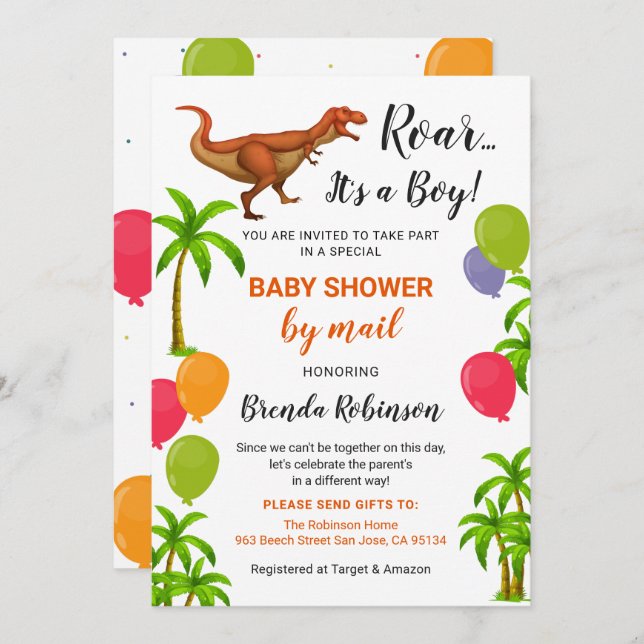 Pojke Shower by Mail Roar Jungle Dinosaur Inbjudningar (Fram/baksida)