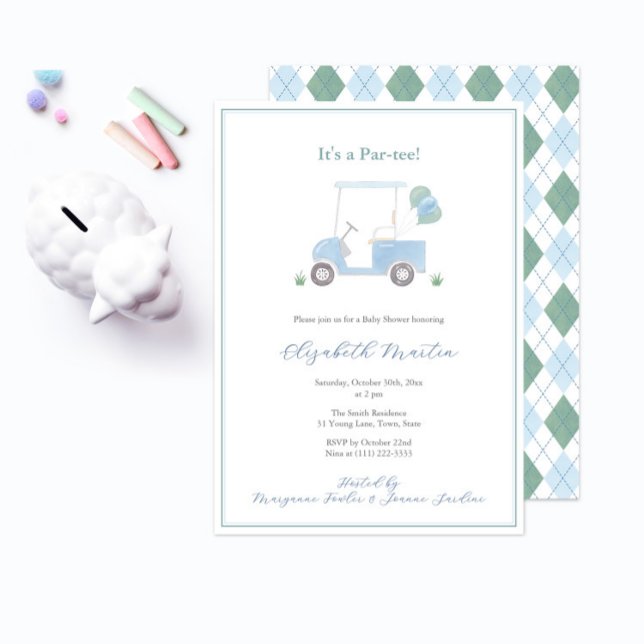 Pojke Shower för Grönt Golf Cart- Inbjudningar (it's a golf theme baby shower par-tee with pale blue golf cart and blue green diamond argyle pattern)