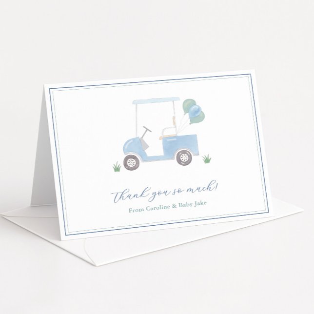Pojke Shower för Preppy Blue Golf Cart Tack Kort (Golf theme baby boy shower thank you card with pale blue golf cart and balloons)