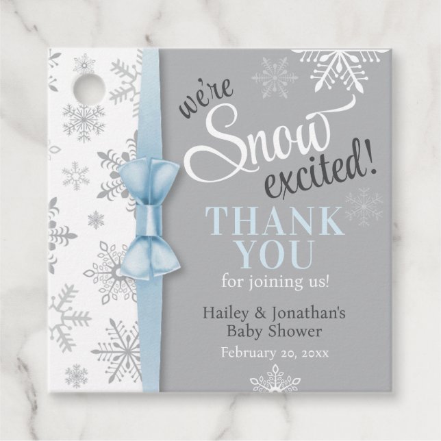 Pojke Shower för Snö-punktat blått Grått-snöflake Gåvor Etiketter (Framsida)