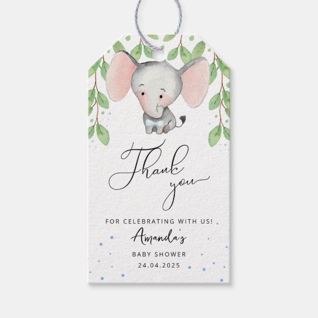 Pojke Shower Greenery Elephant Tack Presentetikett (Framsidan)