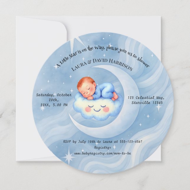 Pojke Shower Inbjudan Moonlight Stars Watercolor (Framsida)