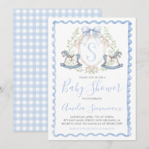 Pojke Shower Rocking Horse Preppy Gingham Blue Inbjudningar