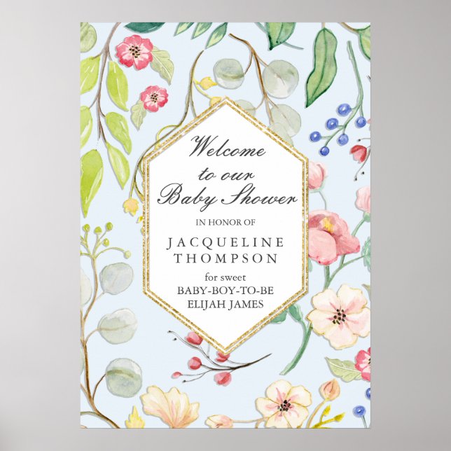 Pojke Shower Welcome Blommigt Dusty Blue Hexagon Poster (Framsidan)