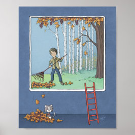  Pojke som krattar löv  Affisch