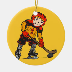 Pojke som leker hockey julgransprydnad keramik
