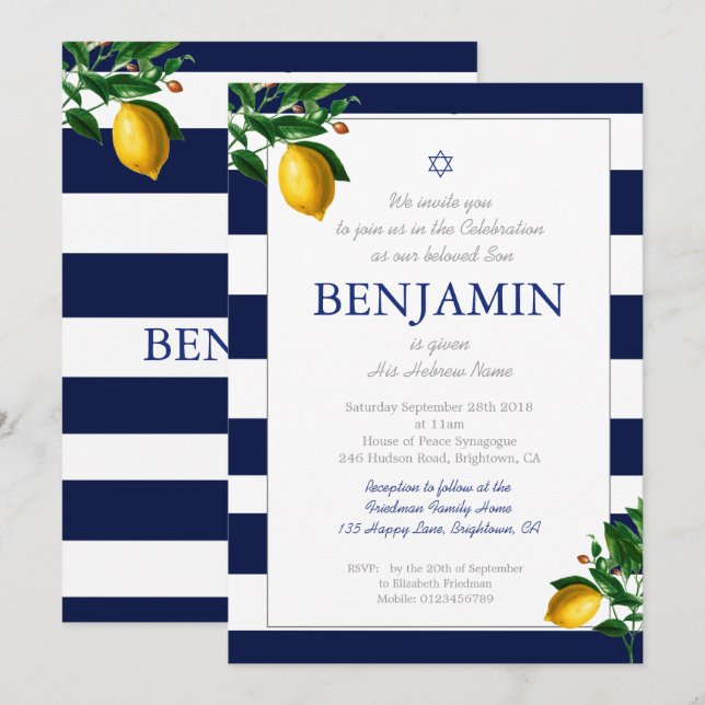 Pojke som namnger Ceremony Lemons Blue Jewish Hebr Inbjudningar (Fram/baksida)
