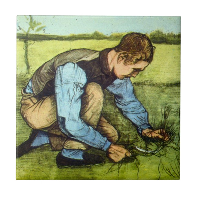 Pojke som skär gräs med skära av Vincent van Gogh Kakelplatta (Framsidan)