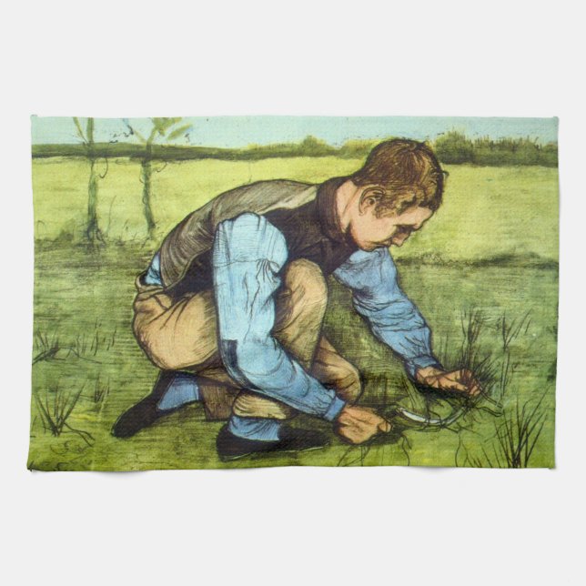 Pojke som skär gräs med skära av Vincent van Gogh Kökshandduk (Horisontell)