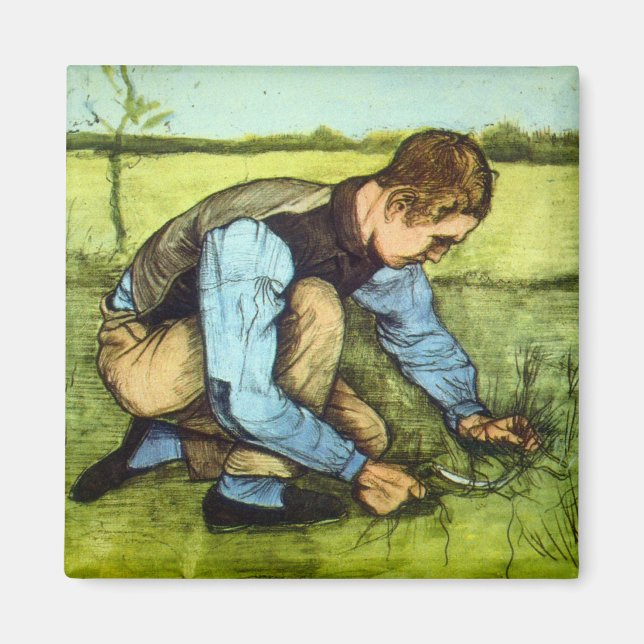 Pojke som skär gräs med skära av Vincent van Gogh Magnet (Framsidan)