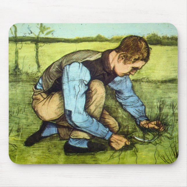 Pojke som skär gräs med skära av Vincent van Gogh Musmatta (Framsidan)