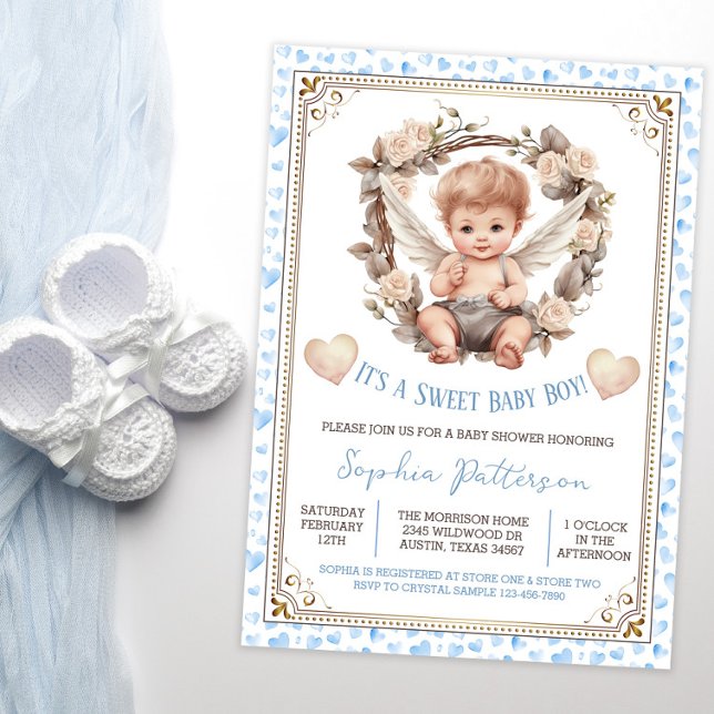Pojke Söt Alla Hjärtans Dag Kerub Baby Shower Inbjudningar (Sweet baby boy baby shower invitation with cute little cherub on a blue watercolor heart background.)