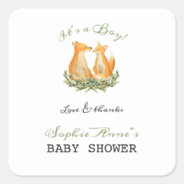 Pojke Sweet Fox Woodland Baby Shower Fyrkantigt Klistermärke