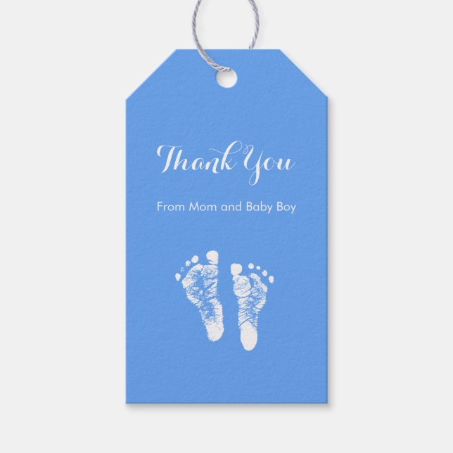 Pojke Tack Cute Blue Newborn Footprint Presentetikett (Framsidan)