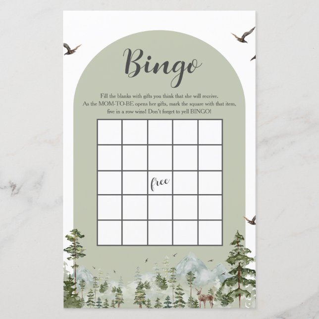 Pojke Tall Träd Skog Berg Barnkalas Bingo (Framsida)