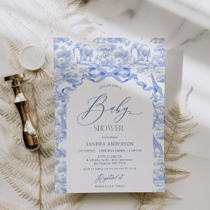 Pojke Toile De Jouy Blå Bebis Shower Inbjudan