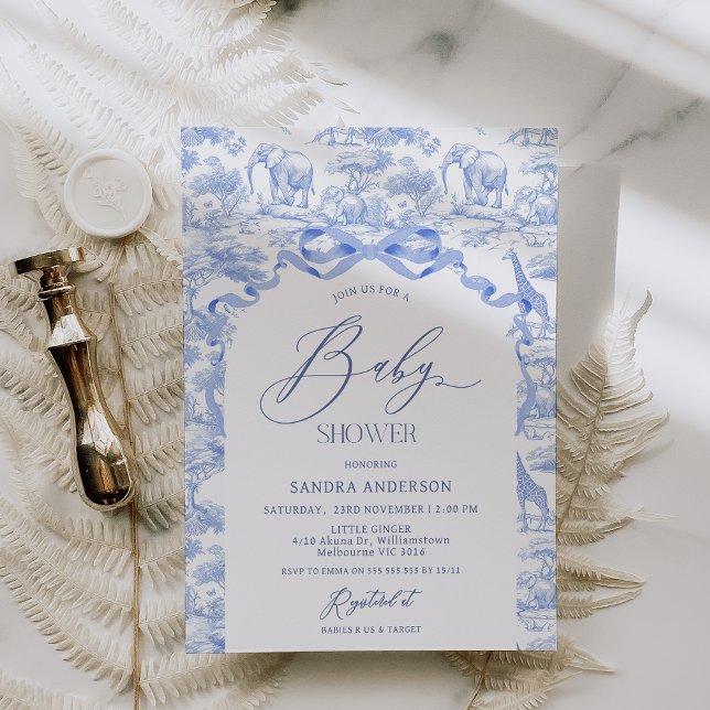 Pojke Toile De Jouy Blå Bebis Shower Inbjudan (Safari Baby Shower Invitation BLUE, Toile Shower Invite,Toile De Jouy Blue Baby Shower Invitation)