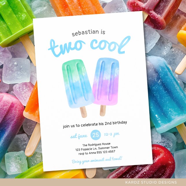 Pojke två Coola Popsicle (sommartid) Party Inbjudningar (Invite shown in 5 x 7 inches, choose size, paper and corner style. Buy print or digital invitations.)