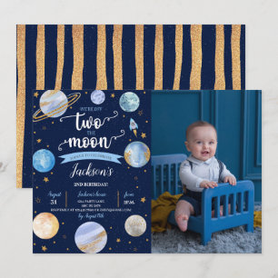 Pojke två: Måne Space Birthday Photo Inbjudningar