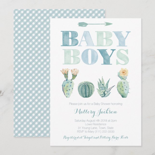 Pojke Twillingar eller trippets Cactus Baby Shower Inbjudningar (Fram/baksida)