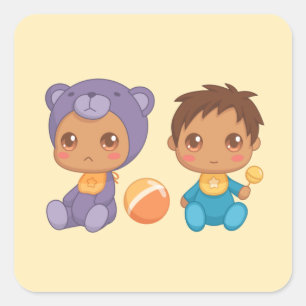 Pojke Twillingar Lila Bear Jumpdress på Gult Squa Fyrkantigt Klistermärke