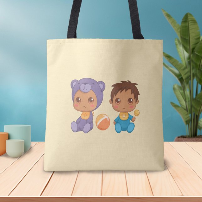 Pojke Twillingar Lila Bear Jumpdress på Gult Tote Tygkasse (Skapare uppladdad)