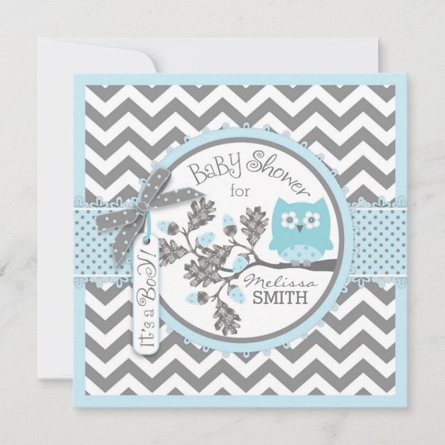 Pojke Uggla Chevron Print Baby Shower Inbjudningar (Framsida)