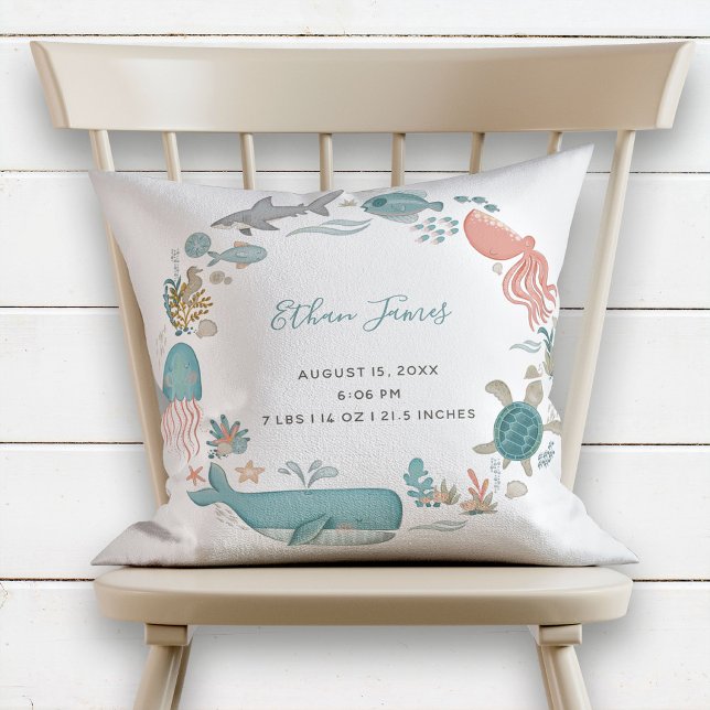 Pojke under Sea Birth Stats Keepsak Kudde (Skapare uppladdad)