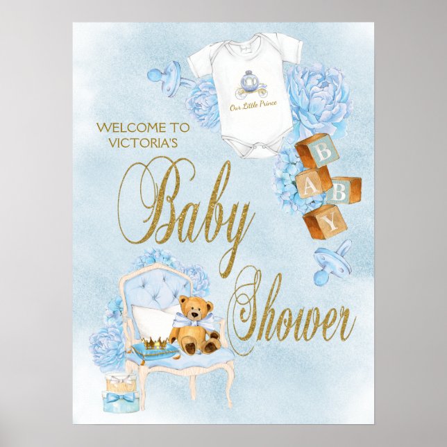 Pojke Vattenfärg Blå Guld Baby Shower Skylt (Framsidan)