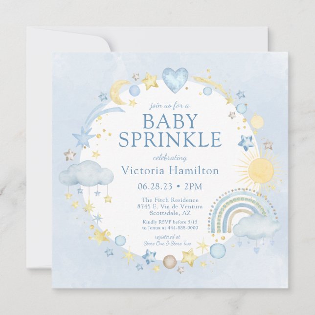 Pojke Vattenfärg Regnbåge Baby Shower Inbjudningar (Framsida)