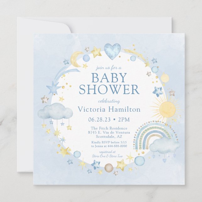 Pojke Vattenfärg Regnbåge Baby Shower Inbjudningar (Framsida)