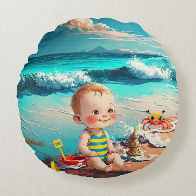 Pojke vid stranden rund kudde (Framsidan)