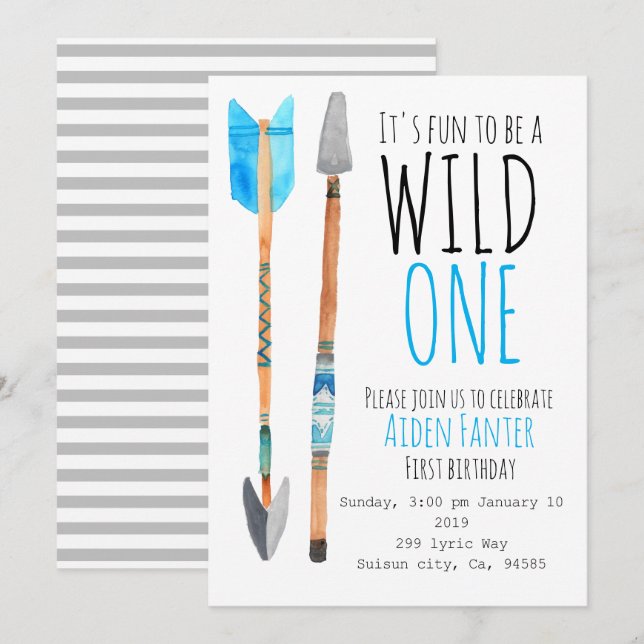 Pojke vild en stampil första födelsedagen inbjudan (Fram/baksida)
