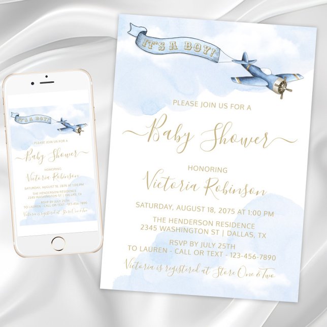 Pojke Vintage Flygbarnkalas Inbjudningar (Baby blue and gold vintage airplane invitations. Instant download and printed invitations available.)