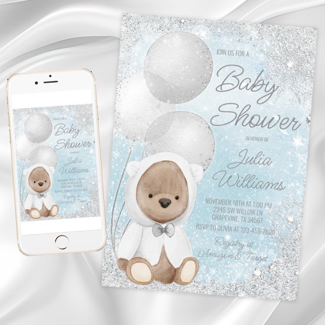 Pojke Vinter Värld Teddy Bear Babyfirande Inbjudningar (Boy winter wonderland baby shower invitation with cute winter bear on a snowflake background.)