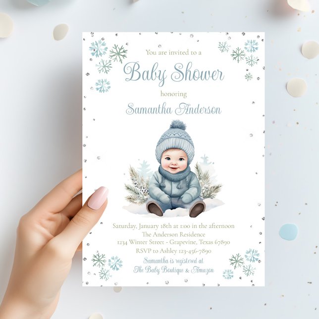 Pojke Winter Snowflake Baby Shower Inbjudningar (Boy winter snowflake baby shower invitation. Simply add your event details.)
