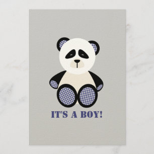 Pojkebaby shower: BlåttGinghamPanda Inbjudningar