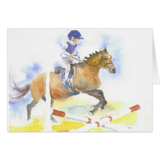 Pojkebanhoppning på hans ponny hälsningskort (Framsidan Horizontal)