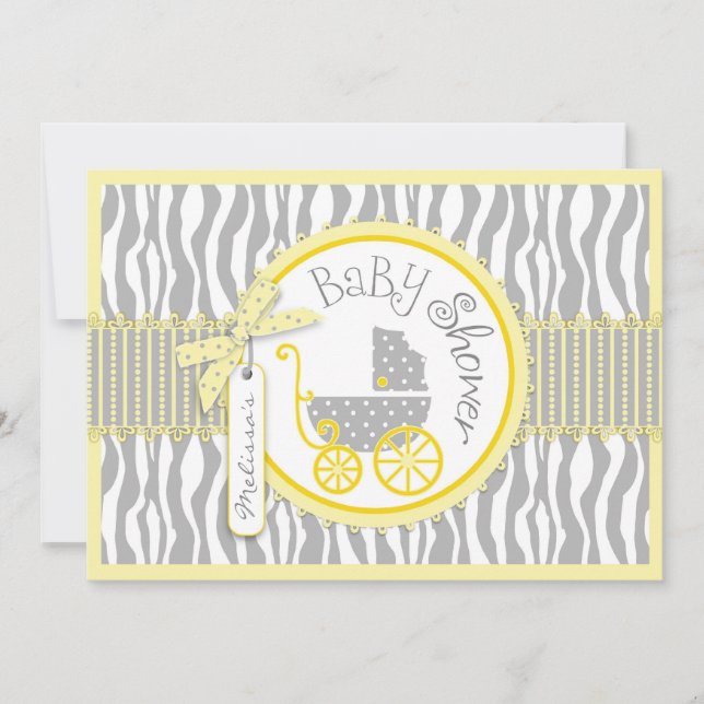 POJKEbarnvagn, zebra tryck, gul baby shower Inbjudningar (Framsida)