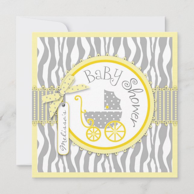 POJKEbarnvagn, zebra tryck, gul baby shower Inbjudningar (Framsida)