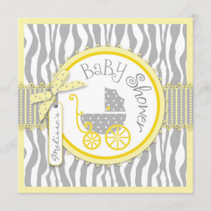 POJKEbarnvagn, zebra tryck, gul baby shower Inbjudningar