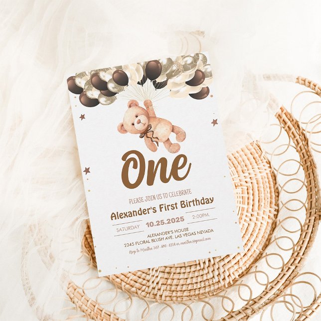 Pojkebjörn med ballonger Nalle födelsedag Inbjudningar (Skapare uppladdad)