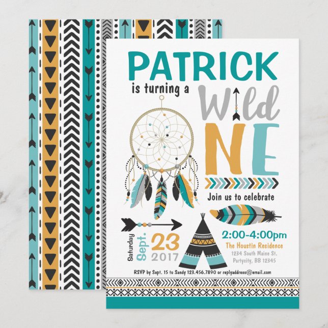 PojkeDreamcatcher vild EN 1st födelsedaginbjudan Inbjudningar (Fram/baksida)