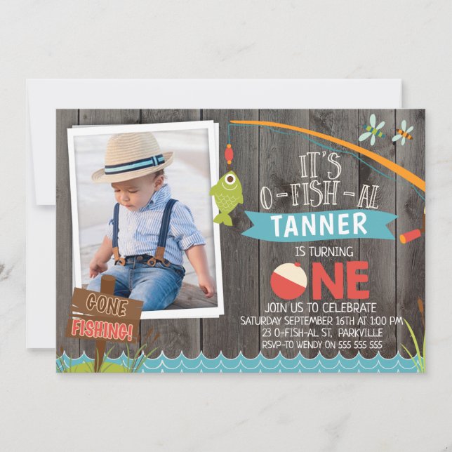 Pojken är sin O-fish-al Photo1st Birthday-inbjudan Inbjudningar (Framsida)