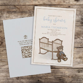 Pojken Baby blue Nalle QR-kod Gift Registry Inbjudningar