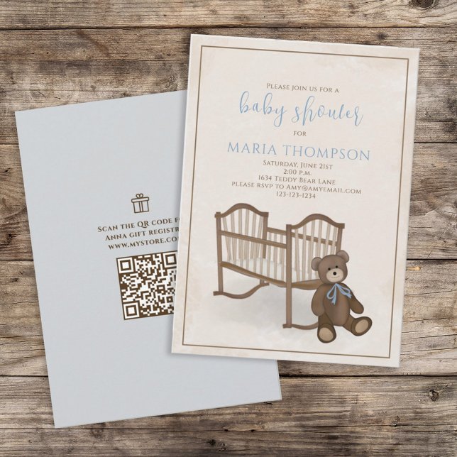Pojken Baby blue Nalle QR-kod Gift Registry Inbjudningar (Skapare uppladdad)